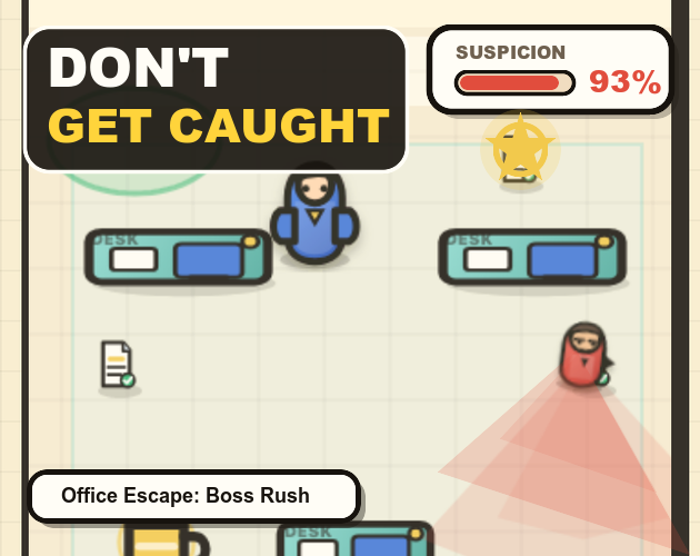 Office Escape gameplay cover showing the boss vision cone and suspicion meter.